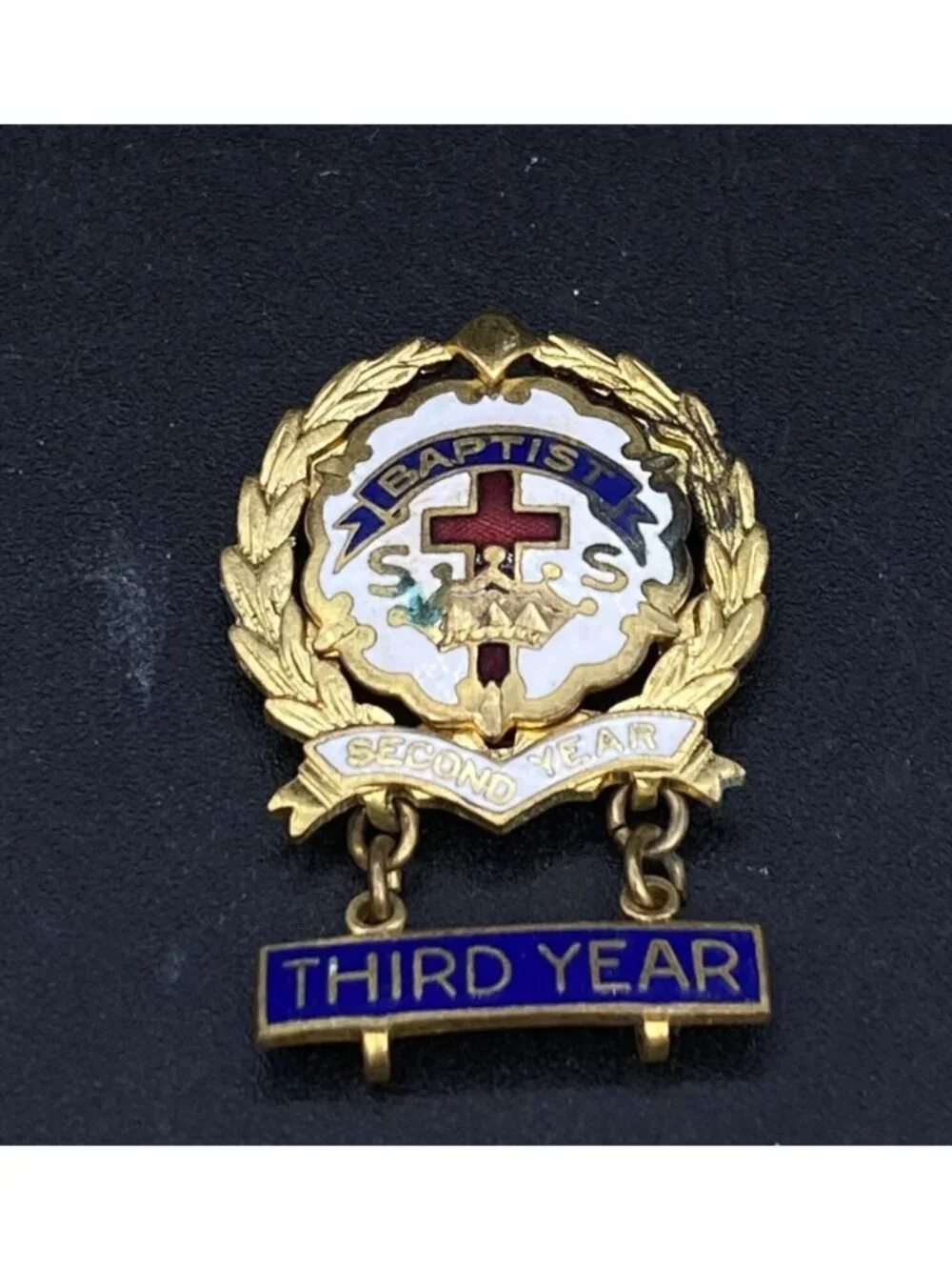 Baptist Sunday School 3rd Year Pin Little System Cross & Crown by Uncas